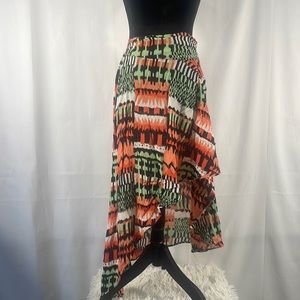 ArdenB high low skirt, tribal print,orange,green,white,black, Large